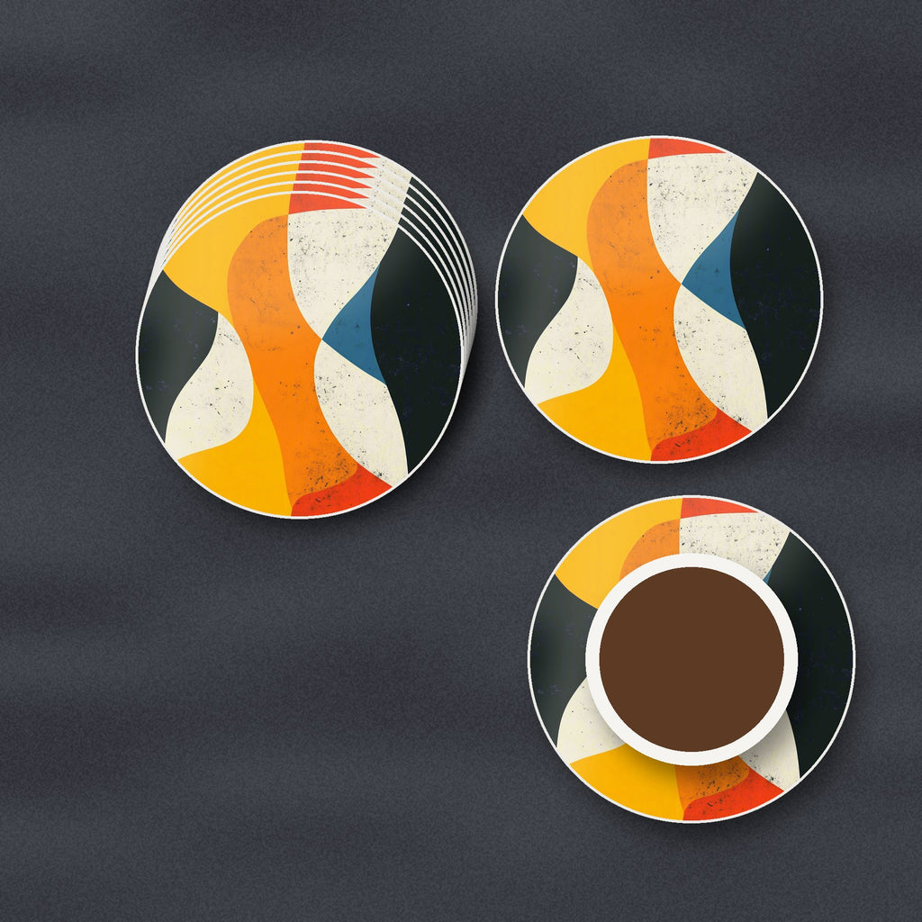 Mid-Century Abstract Shapes round ceramic coasters stacked on a slate kitchen worktop