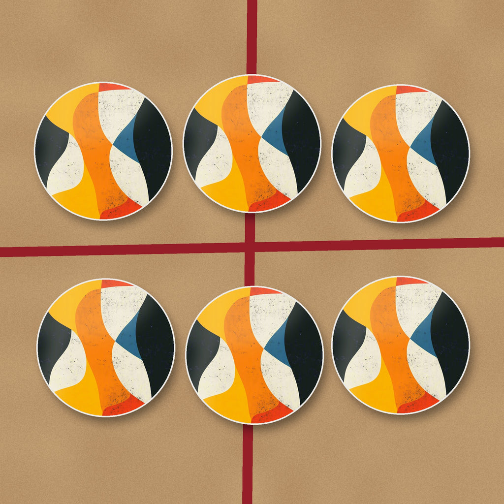 Mid-Century Abstract Shapes round ceramic coasters on kraft gift wrap