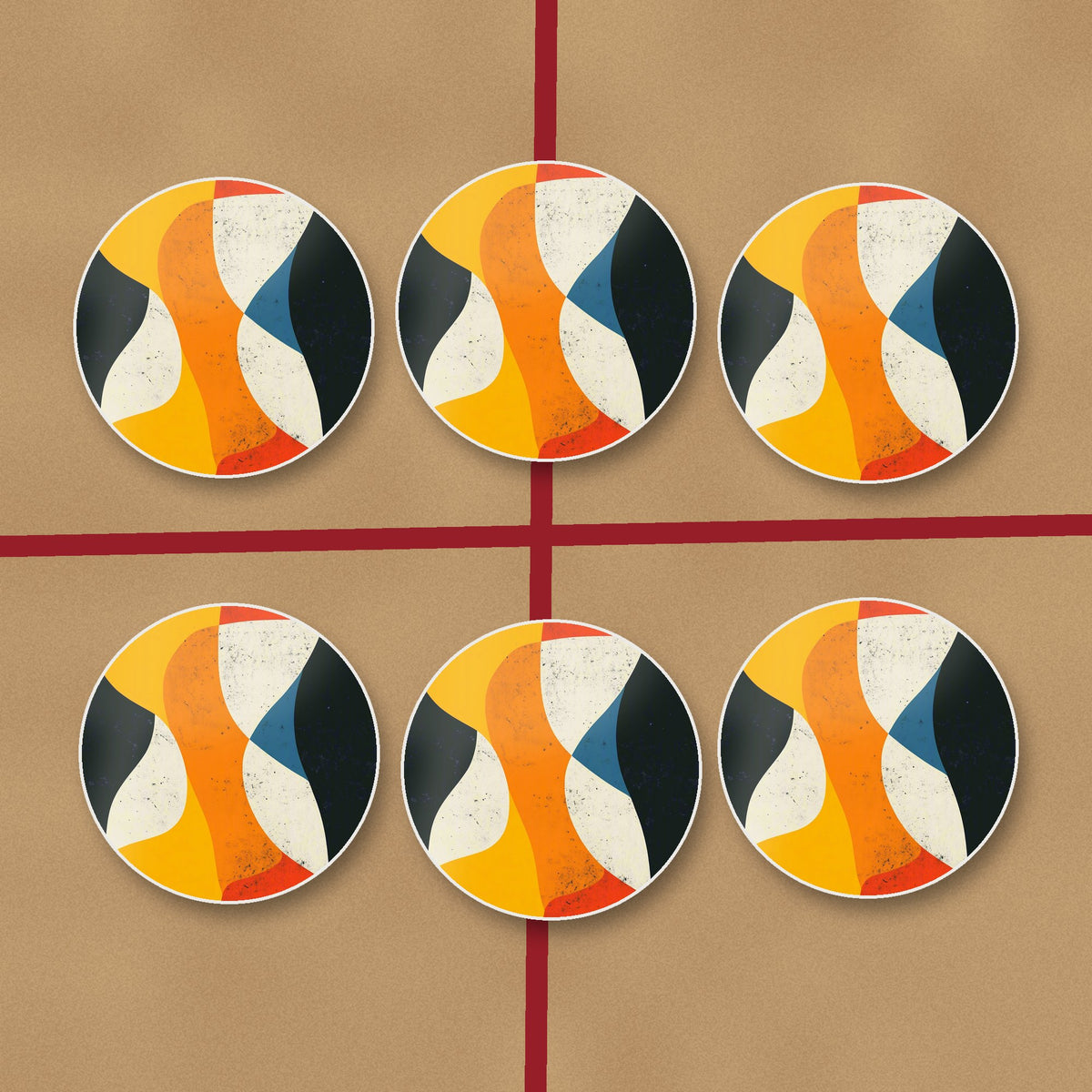 Mid-Century Abstract Shapes round ceramic coasters on kraft gift wrap