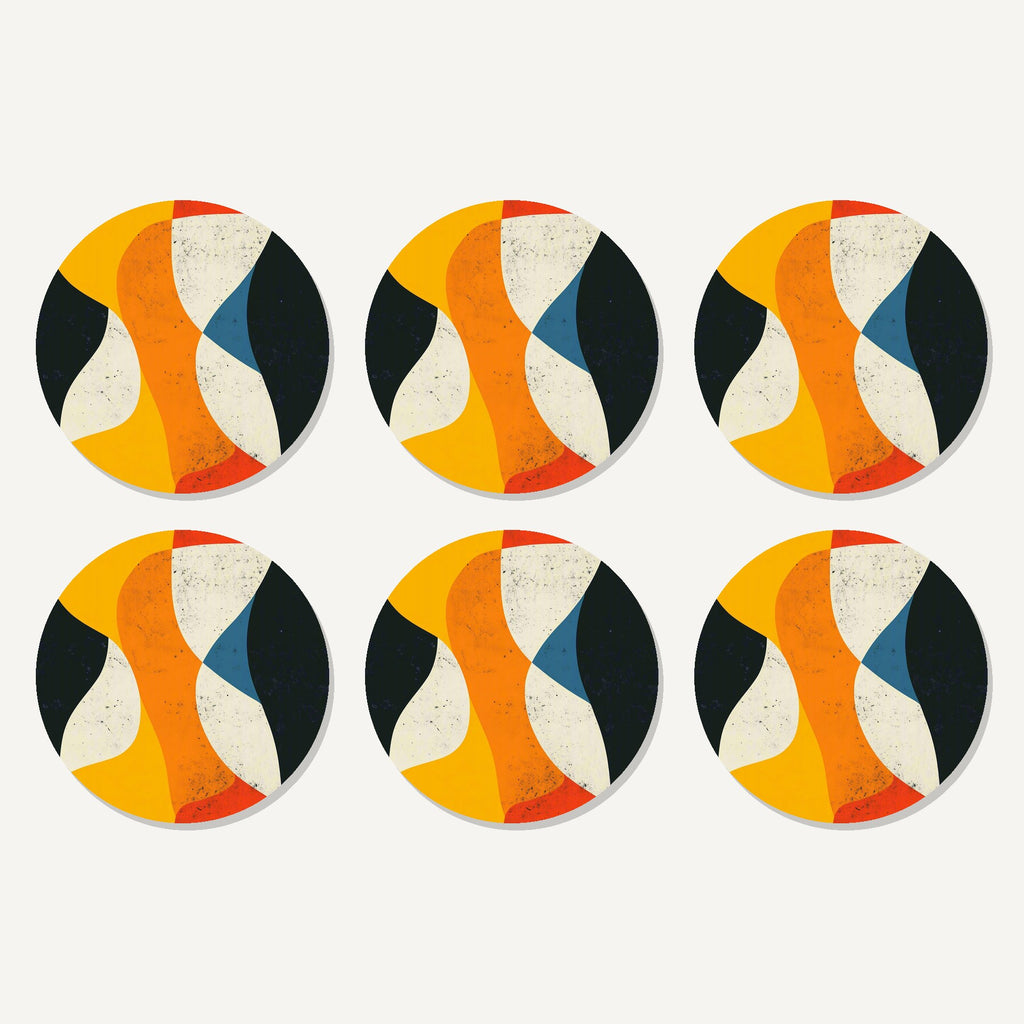 Flat lay of the mid-century abstract shapes artwork on six round coasters