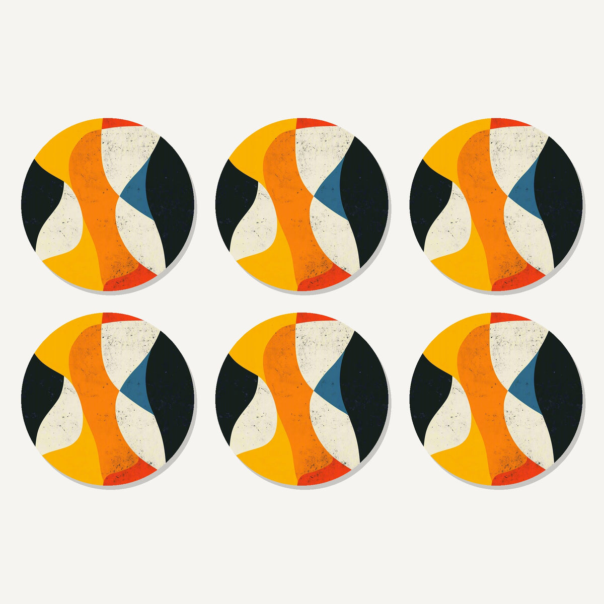 Flat lay of the mid-century abstract shapes artwork on six round coasters
