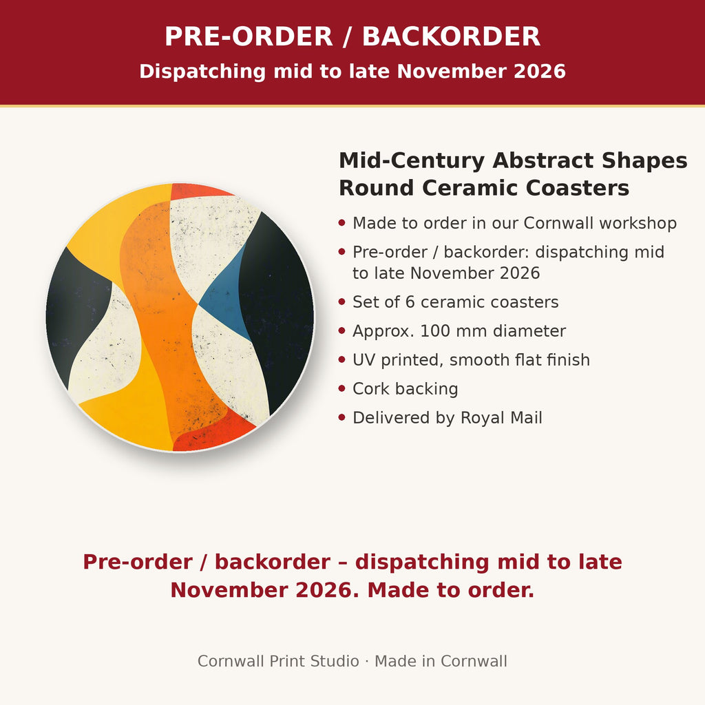 Info card: Mid-Century Abstract Shapes Round Ceramic Coasters – Set of 6, made to order, dispatching mid to late November 2026, delivered by Royal Mail