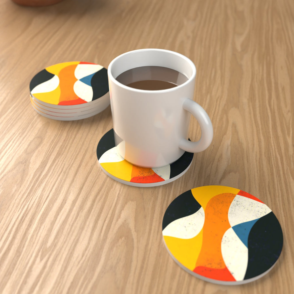 Mid-Century Abstract Shapes Round Ceramic Coasters – Set of 6 – lifestyle mockup with a mug of coffee