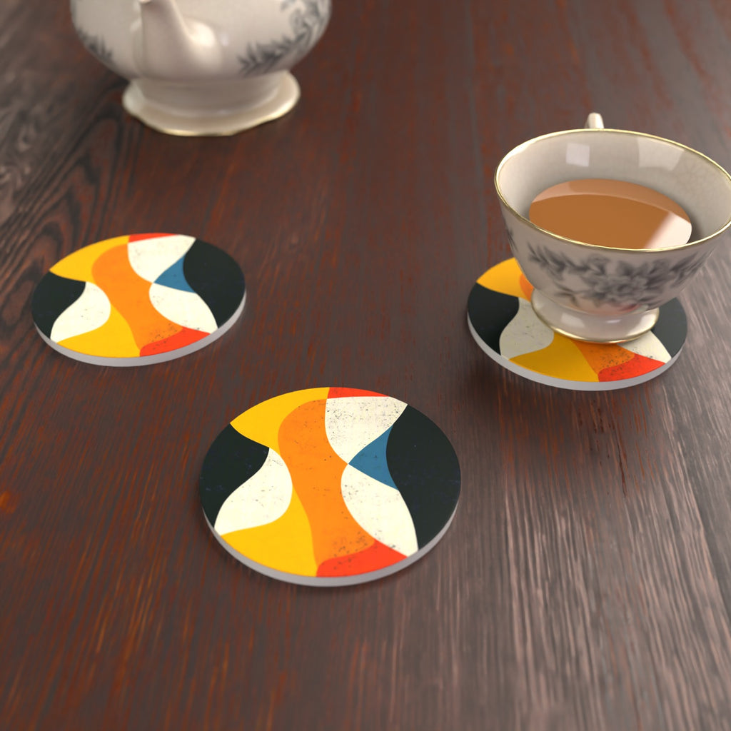 Mid-Century Abstract Shapes Round Ceramic Coasters – Set of 6 – lifestyle mockup with a teacup