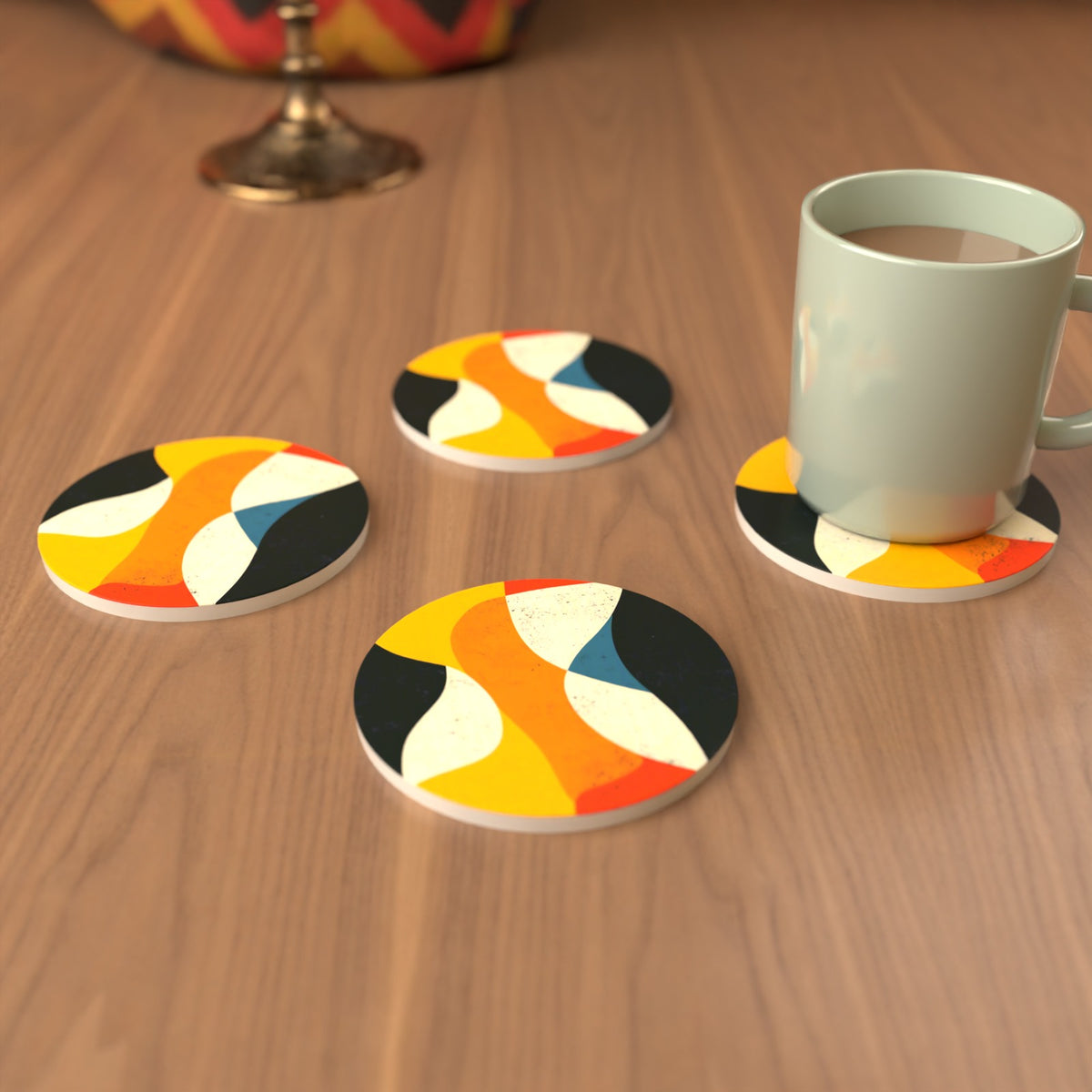 Mid-Century Abstract Shapes Round Ceramic Coasters – Set of 6 – cosy lifestyle mockup