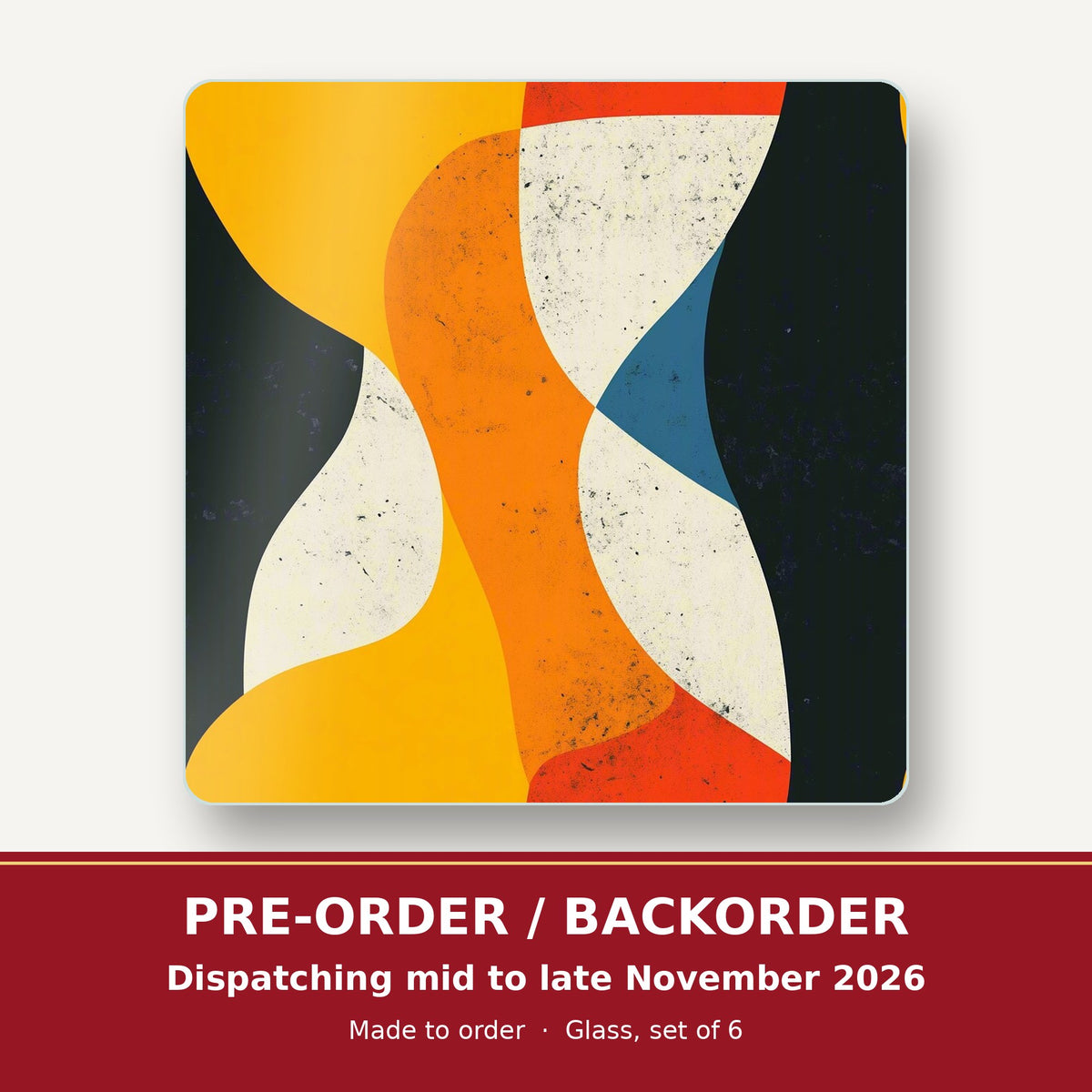 Mid-Century Abstract Shapes square glass coaster set of 6 – pre-order / backorder, dispatching mid to late November 2026
