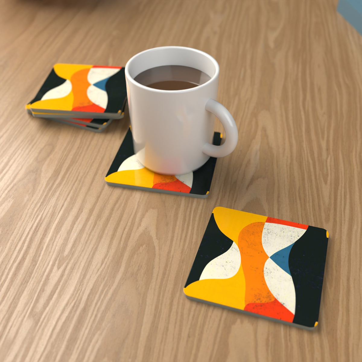 Mid-Century Abstract Shapes Square Glass Coasters – Set of 6 – lifestyle mockup with a mug of coffee