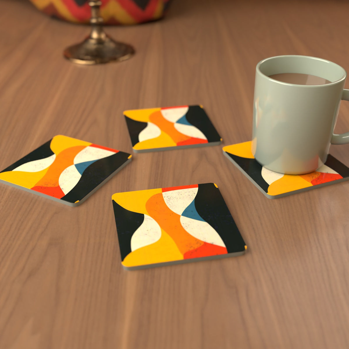 Mid-Century Abstract Shapes Square Glass Coasters – Set of 6 – cosy lifestyle mockup