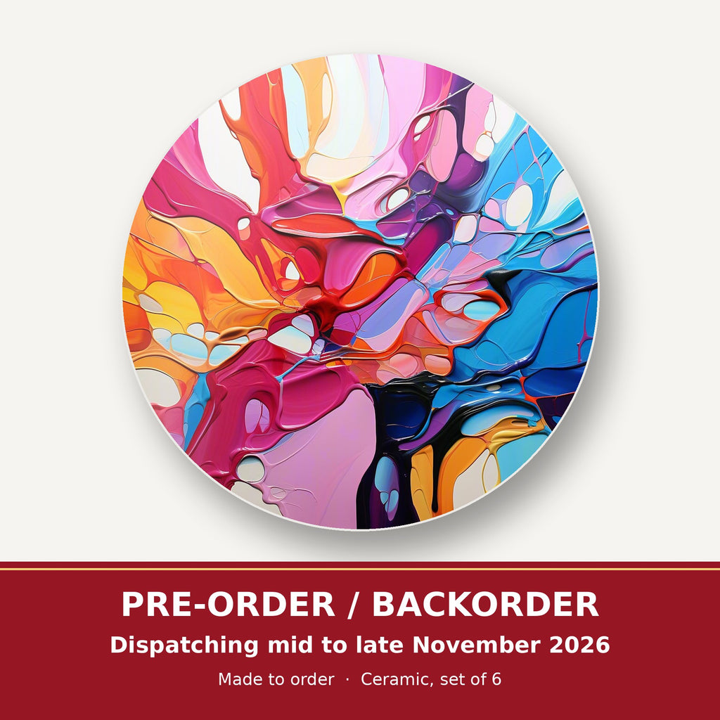 Colour Burst Fluid Art round ceramic coaster set of 6 – pre-order / backorder, dispatching mid to late November 2026
