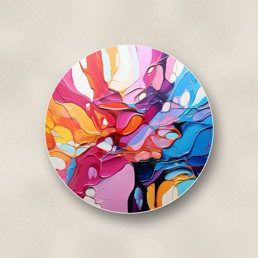 Close-up of one colour burst fluid art round ceramic coaster, flat UV print
