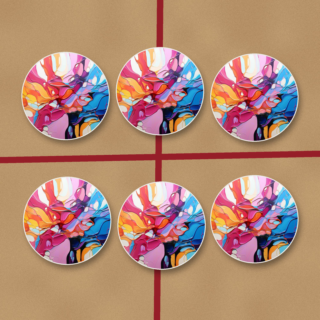 Colour Burst Fluid Art round ceramic coasters on kraft gift wrap
