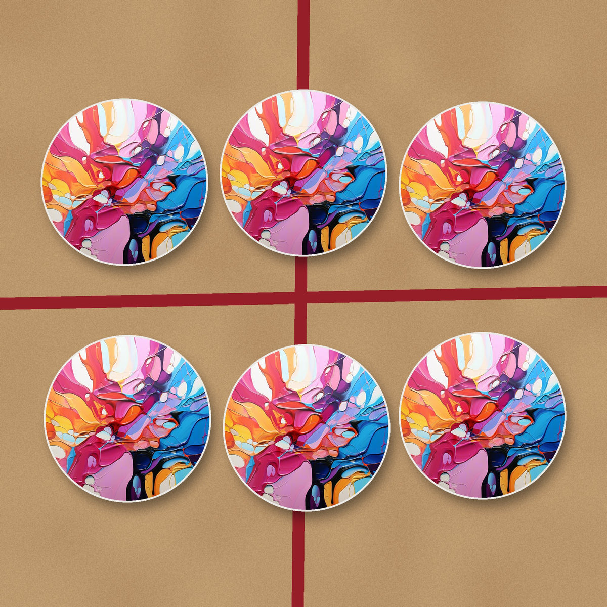 Colour Burst Fluid Art round ceramic coasters on kraft gift wrap