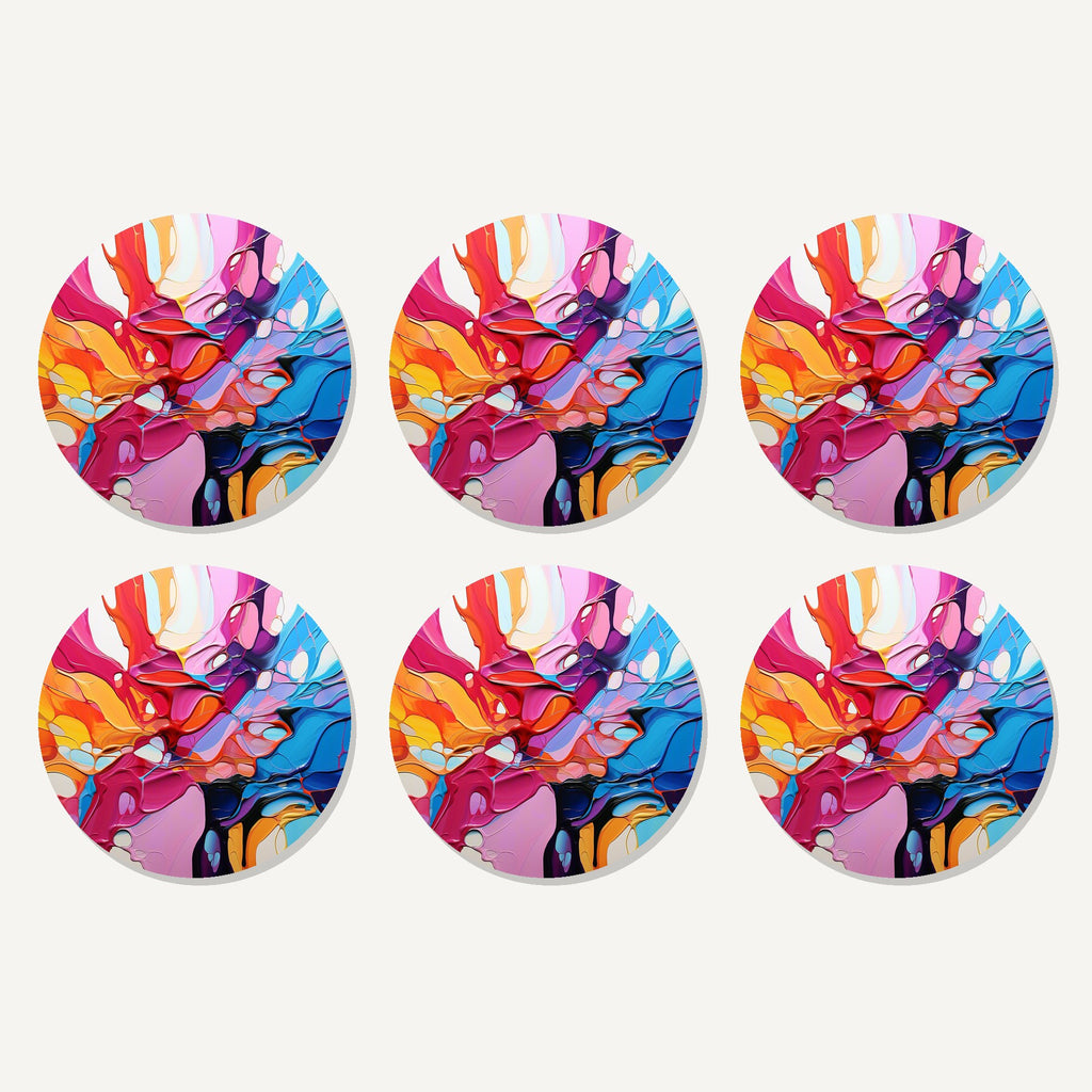 Flat lay of the colour burst fluid art artwork on six round coasters