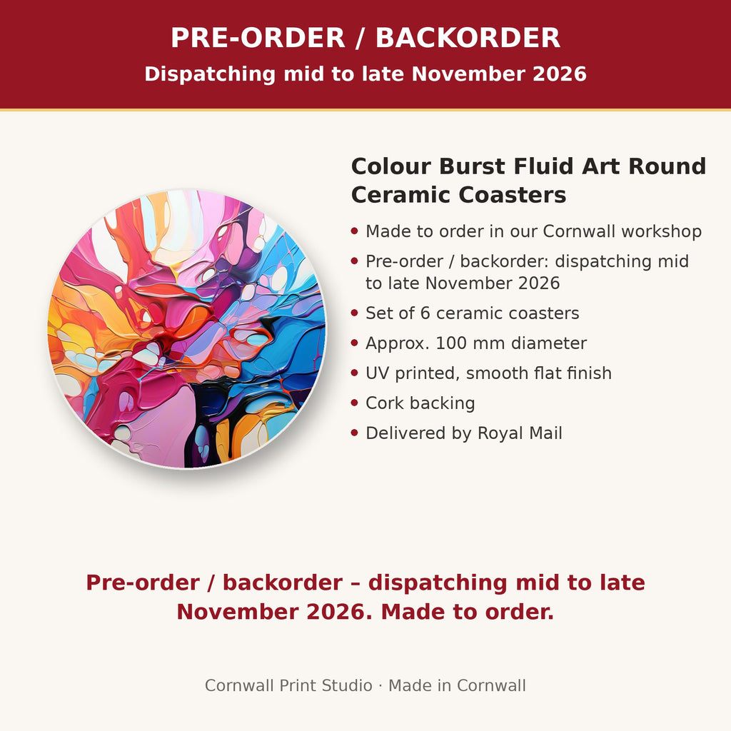 Info card: Colour Burst Fluid Art Round Ceramic Coasters – Set of 6, made to order, dispatching mid to late November 2026, delivered by Royal Mail