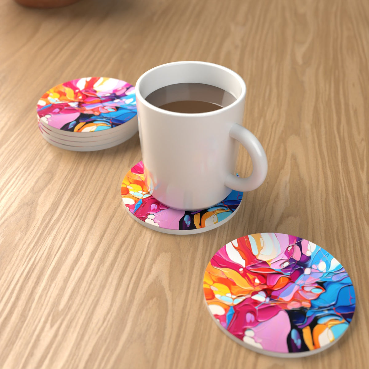 Colour Burst Fluid Art Round Ceramic Coasters – Set of 6 – lifestyle mockup with a mug of coffee