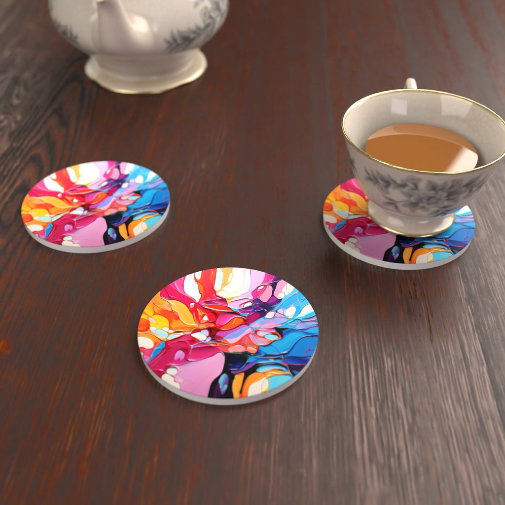 Colour Burst Fluid Art Round Ceramic Coasters – Set of 6 – lifestyle mockup with a teacup