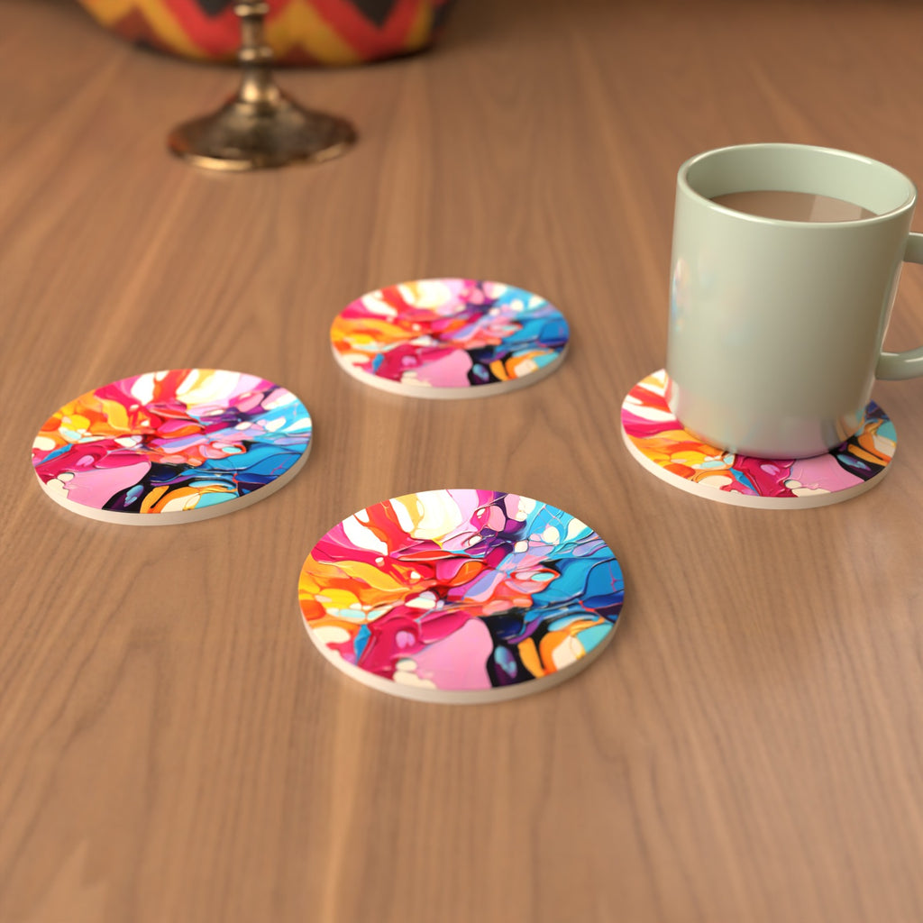 Colour Burst Fluid Art Round Ceramic Coasters – Set of 6 – cosy lifestyle mockup