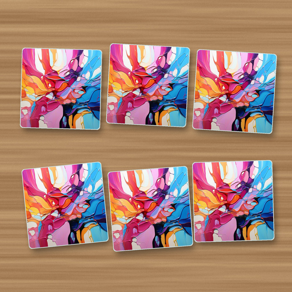 Colour Burst Fluid Art square glass coasters, set of 6, on an oak coffee table