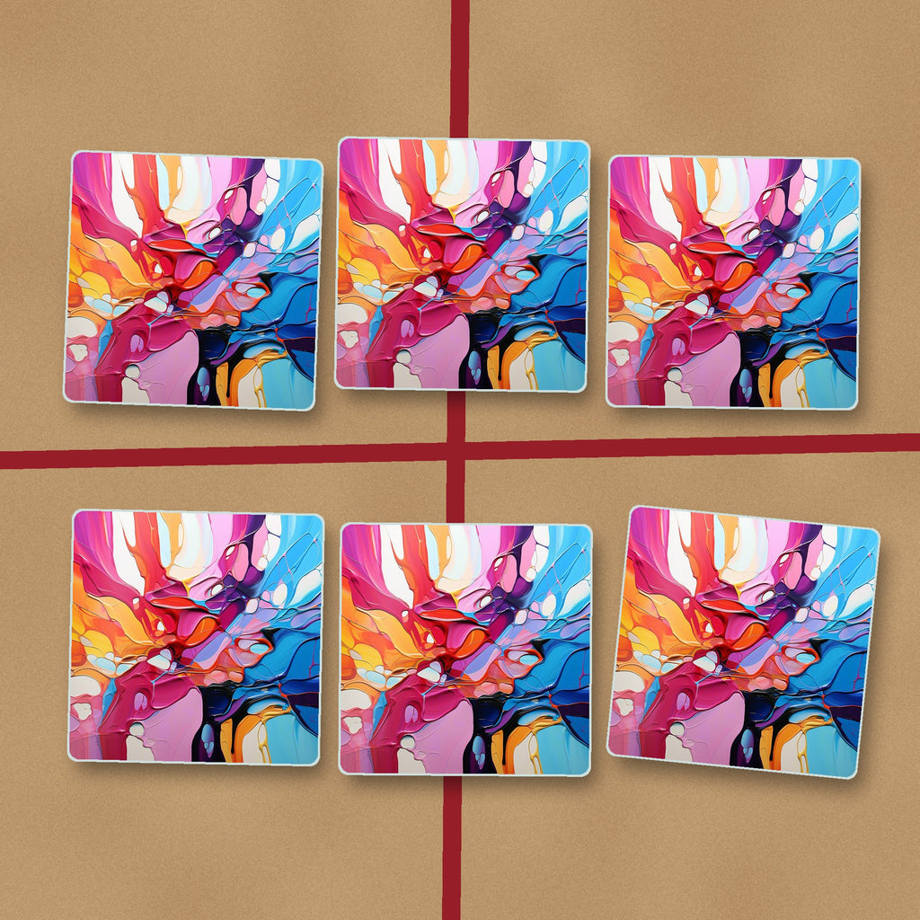 Colour Burst Fluid Art square glass coasters on kraft gift wrap