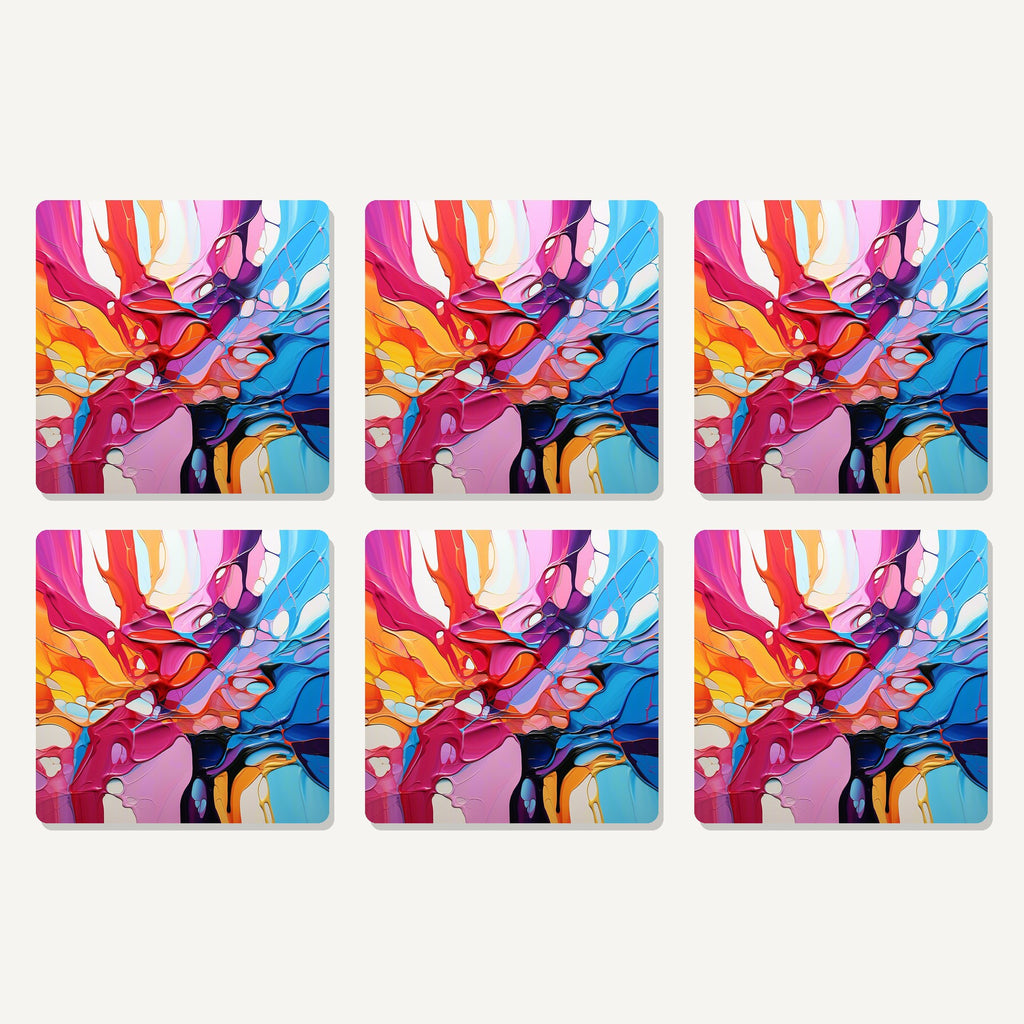 Flat lay of the colour burst fluid art artwork on six square coasters