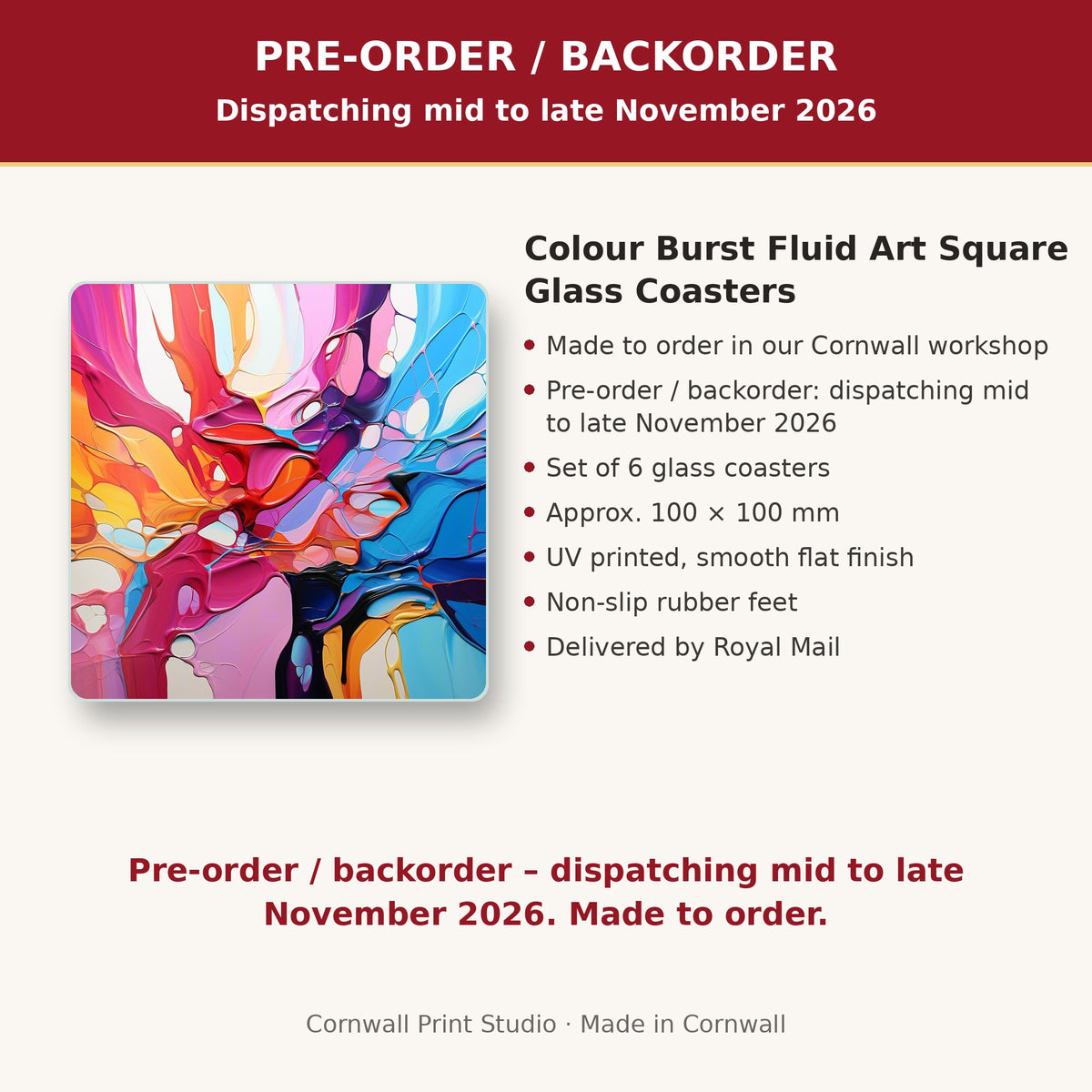 Info card: Colour Burst Fluid Art Square Glass Coasters – Set of 6, made to order, dispatching mid to late November 2026, delivered by Royal Mail