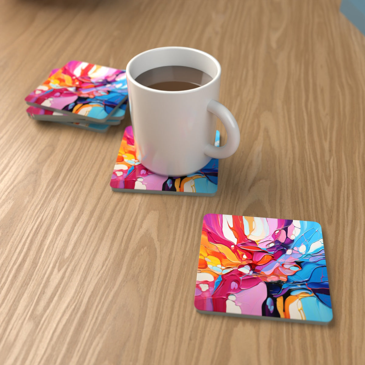 Colour Burst Fluid Art Square Glass Coasters – Set of 6 – lifestyle mockup with a mug of coffee