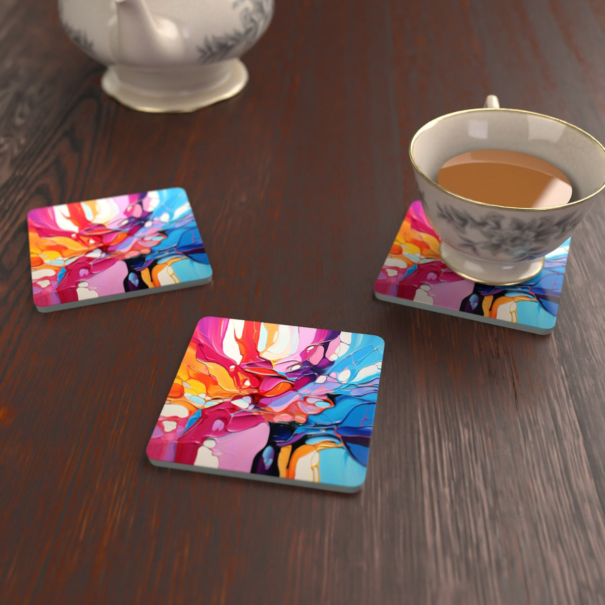 Colour Burst Fluid Art Square Glass Coasters – Set of 6 – lifestyle mockup with a teacup