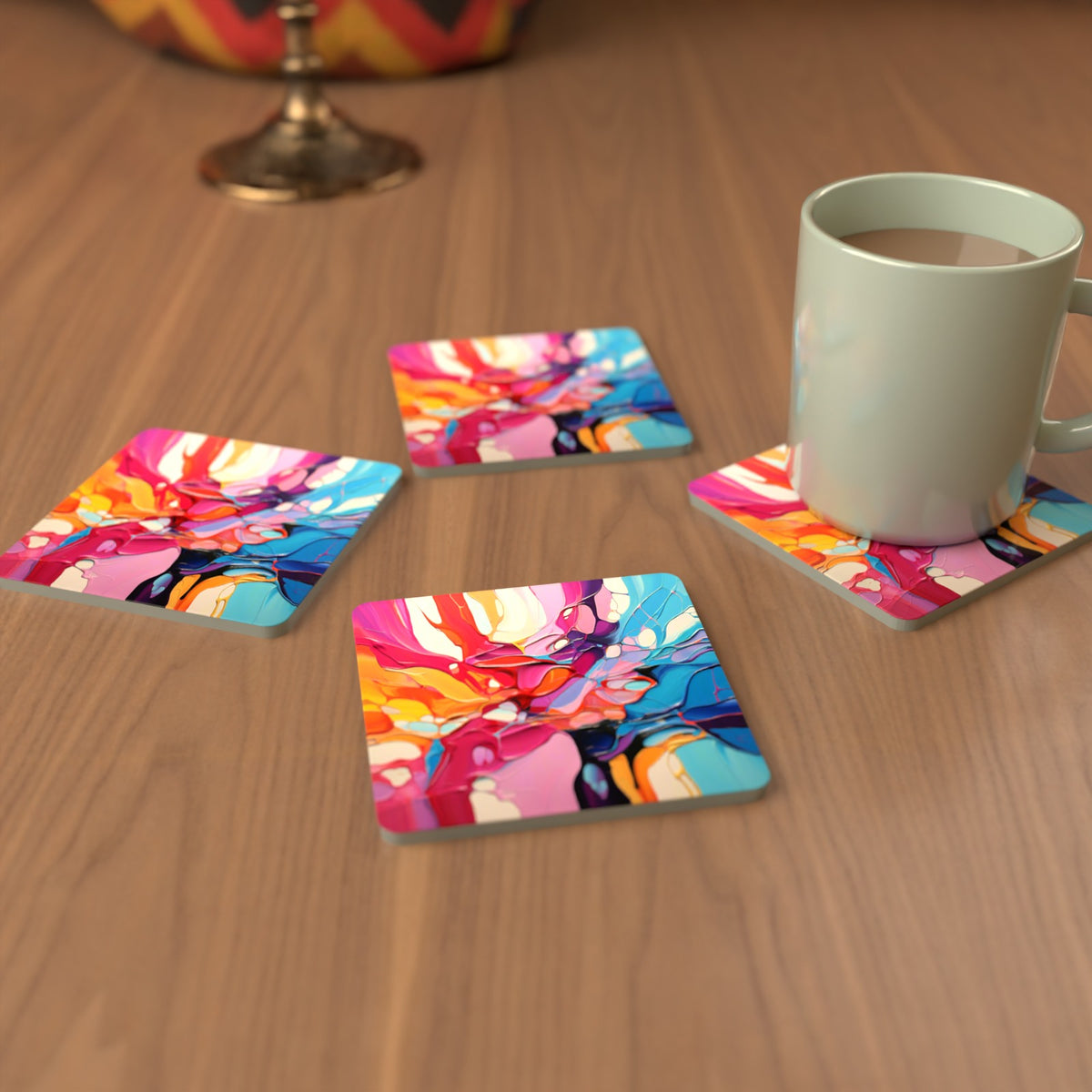 Colour Burst Fluid Art Square Glass Coasters – Set of 6 – cosy lifestyle mockup