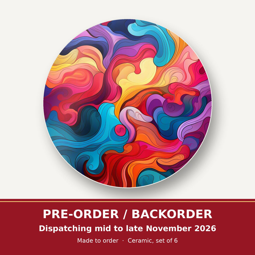 Psychedelic Colour Swirls round ceramic coaster set of 6 – pre-order / backorder, dispatching mid to late November 2026