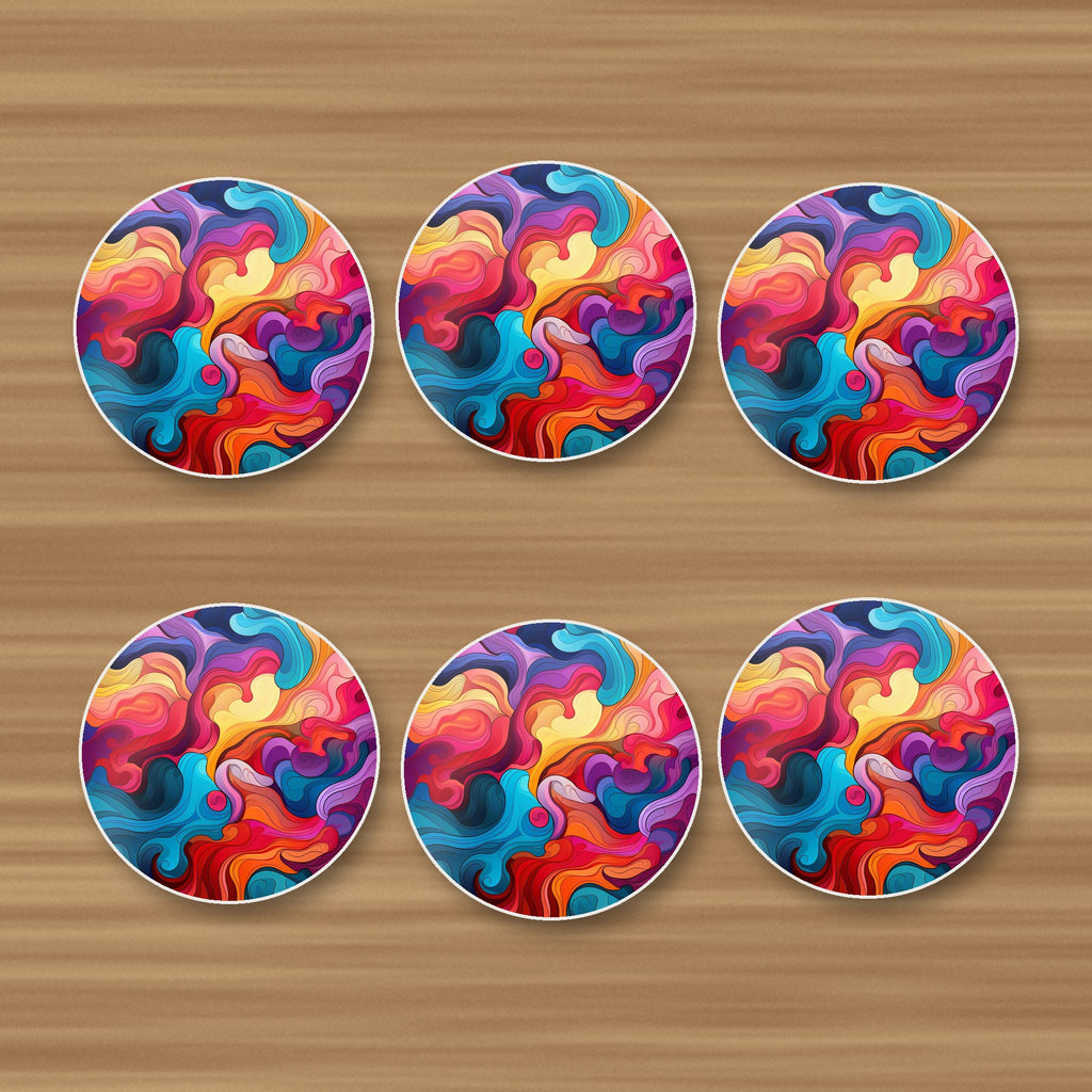 Psychedelic Colour Swirls round ceramic coasters, set of 6, on an oak coffee table