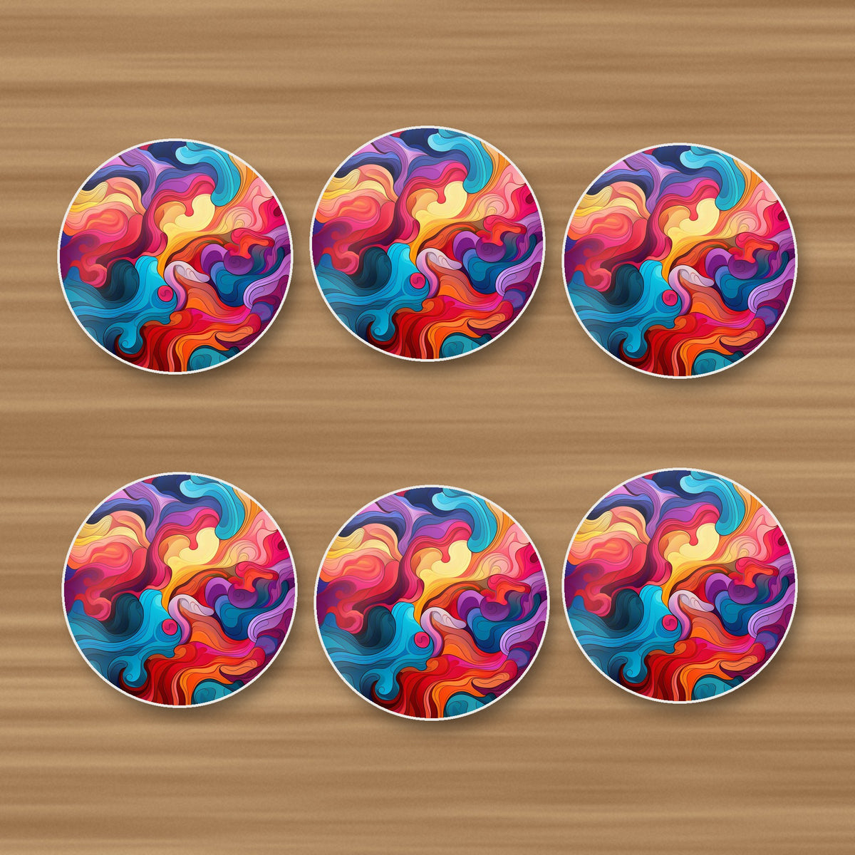 Psychedelic Colour Swirls round ceramic coasters, set of 6, on an oak coffee table