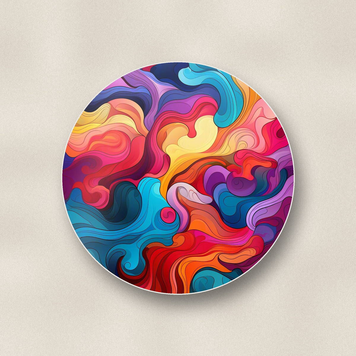 Close-up of one psychedelic colour swirls round ceramic coaster, flat UV print