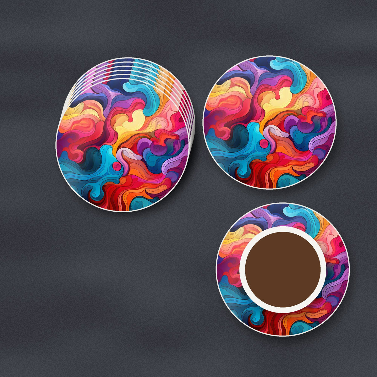 Psychedelic Colour Swirls round ceramic coasters stacked on a slate kitchen worktop