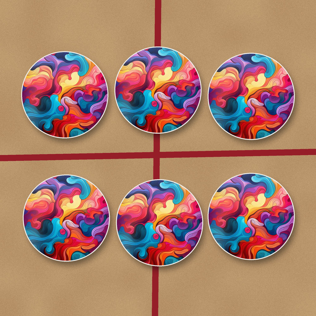 Psychedelic Colour Swirls round ceramic coasters on kraft gift wrap