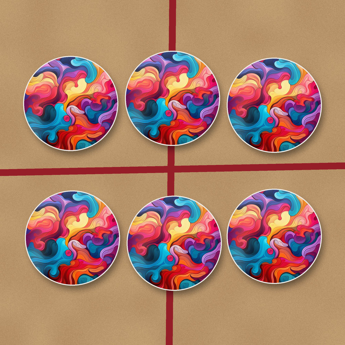 Psychedelic Colour Swirls round ceramic coasters on kraft gift wrap