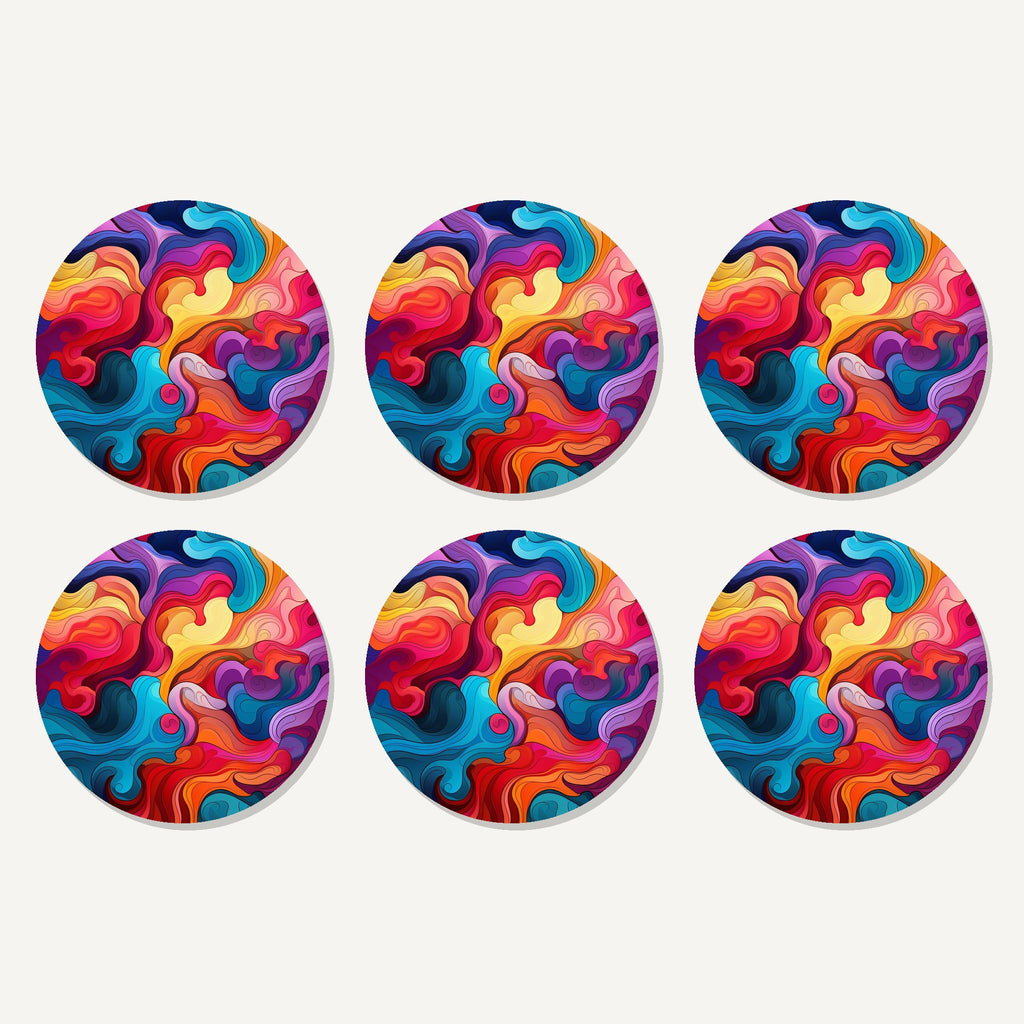 Flat lay of the psychedelic colour swirls artwork on six round coasters