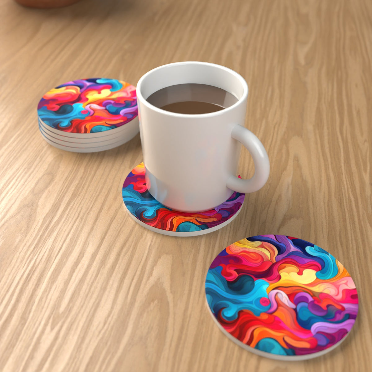 Psychedelic Colour Swirls Round Ceramic Coasters – Set of 6 – lifestyle mockup with a mug of coffee