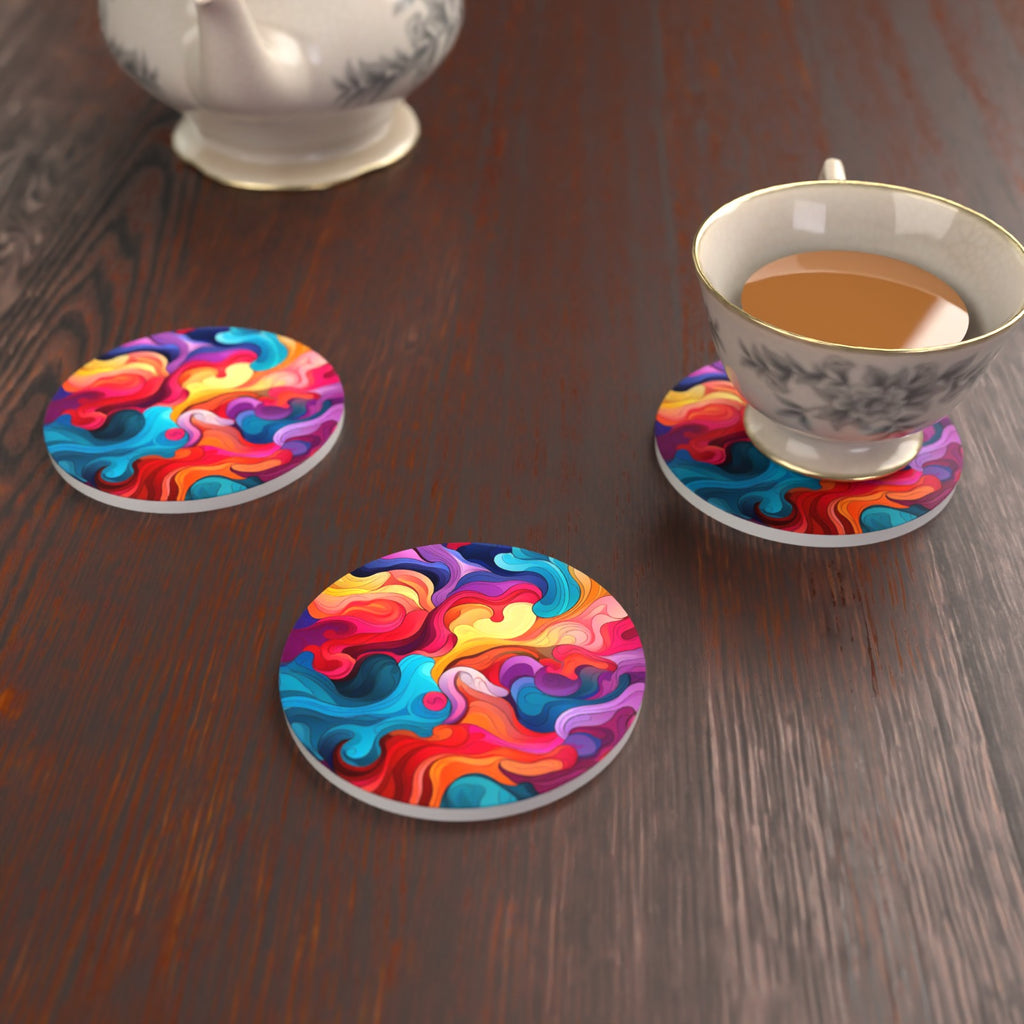 Psychedelic Colour Swirls Round Ceramic Coasters – Set of 6 – lifestyle mockup with a teacup