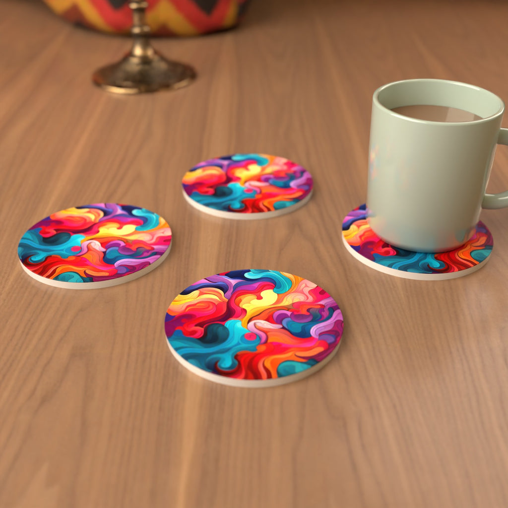 Psychedelic Colour Swirls Round Ceramic Coasters – Set of 6 – cosy lifestyle mockup
