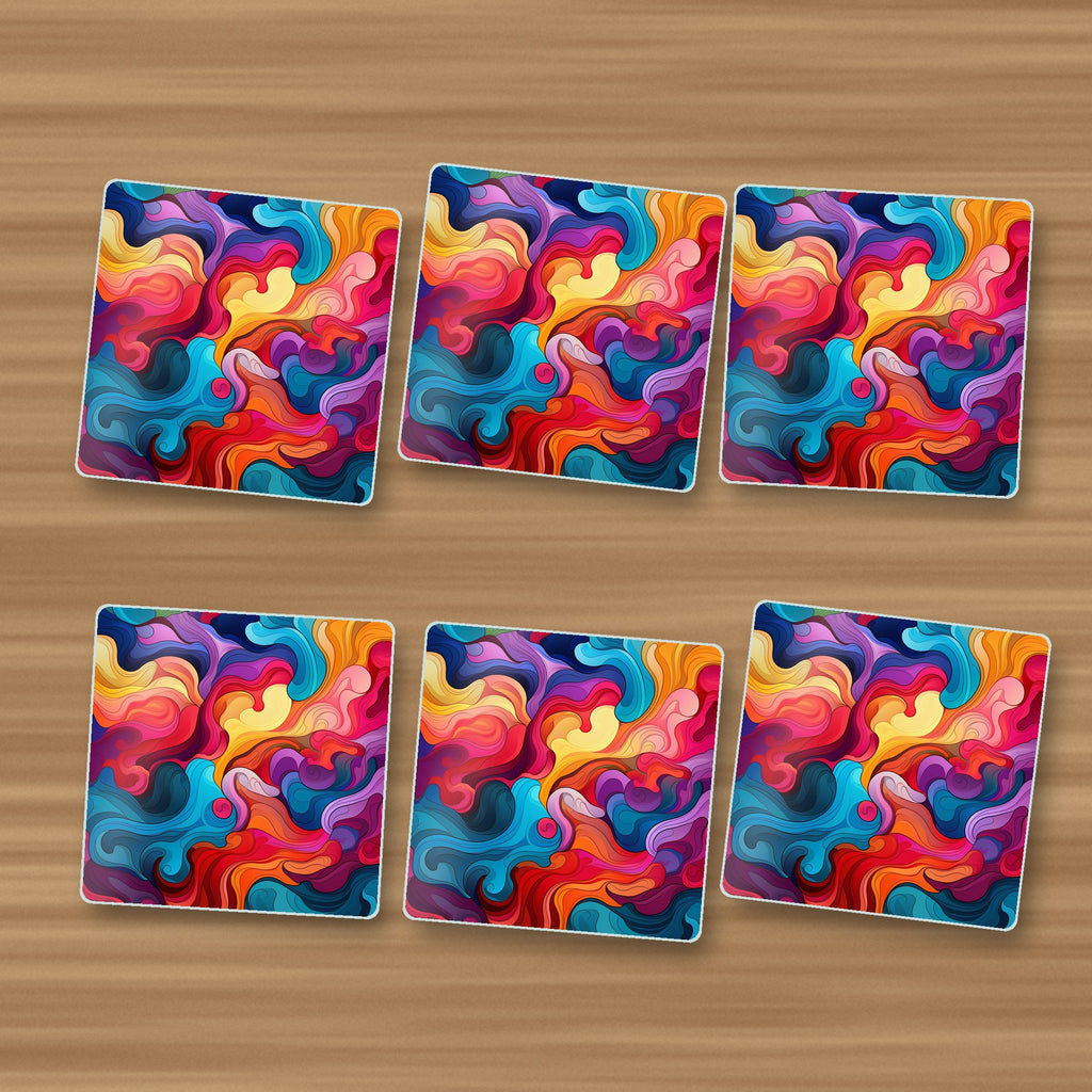 Psychedelic Colour Swirls square glass coasters, set of 6, on an oak coffee table
