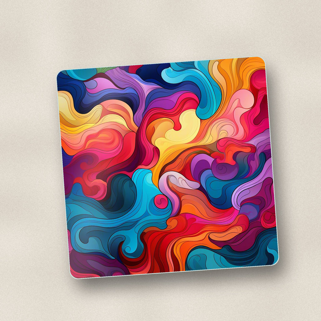 Close-up of one psychedelic colour swirls square glass coaster, flat UV print