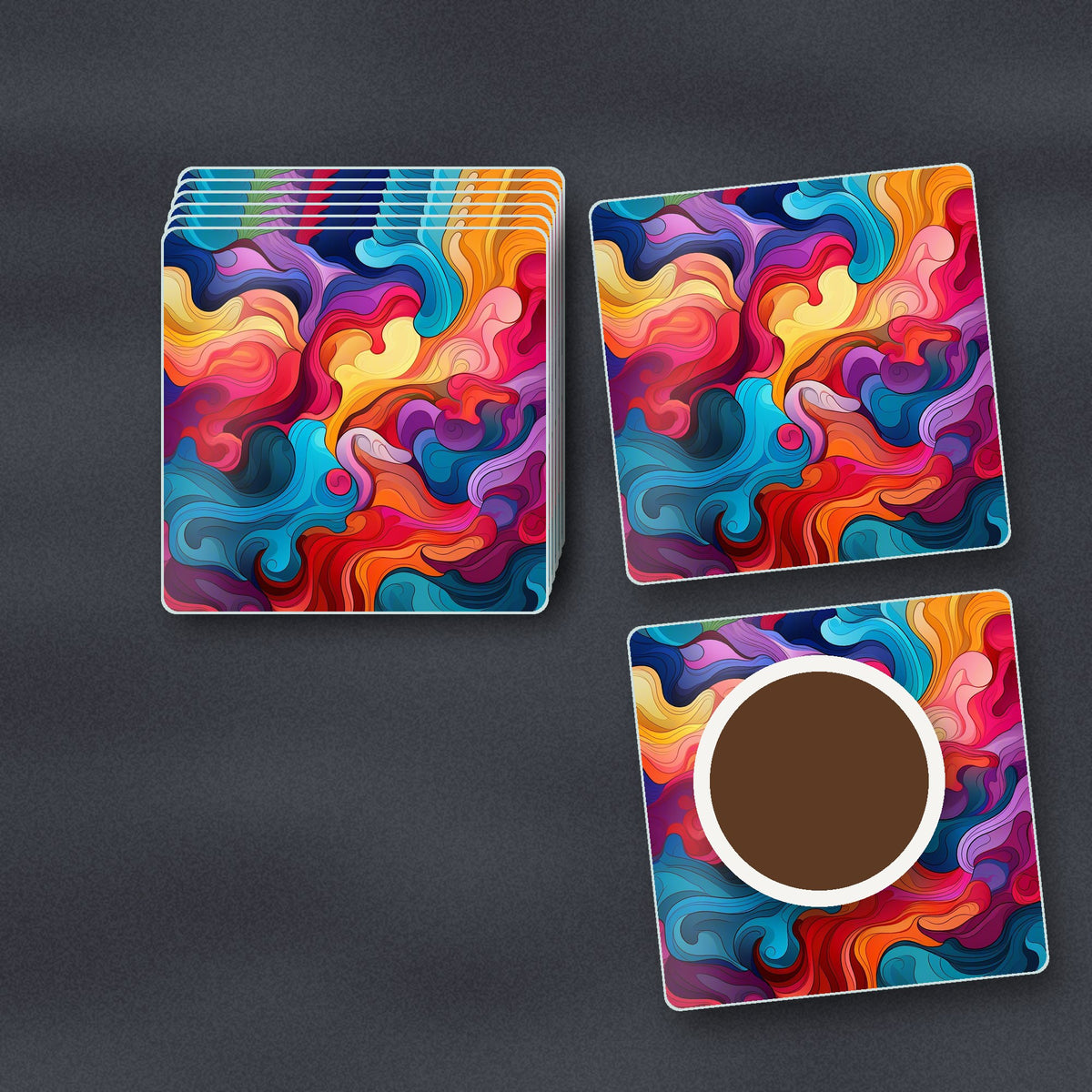 Psychedelic Colour Swirls square glass coasters stacked on a slate kitchen worktop