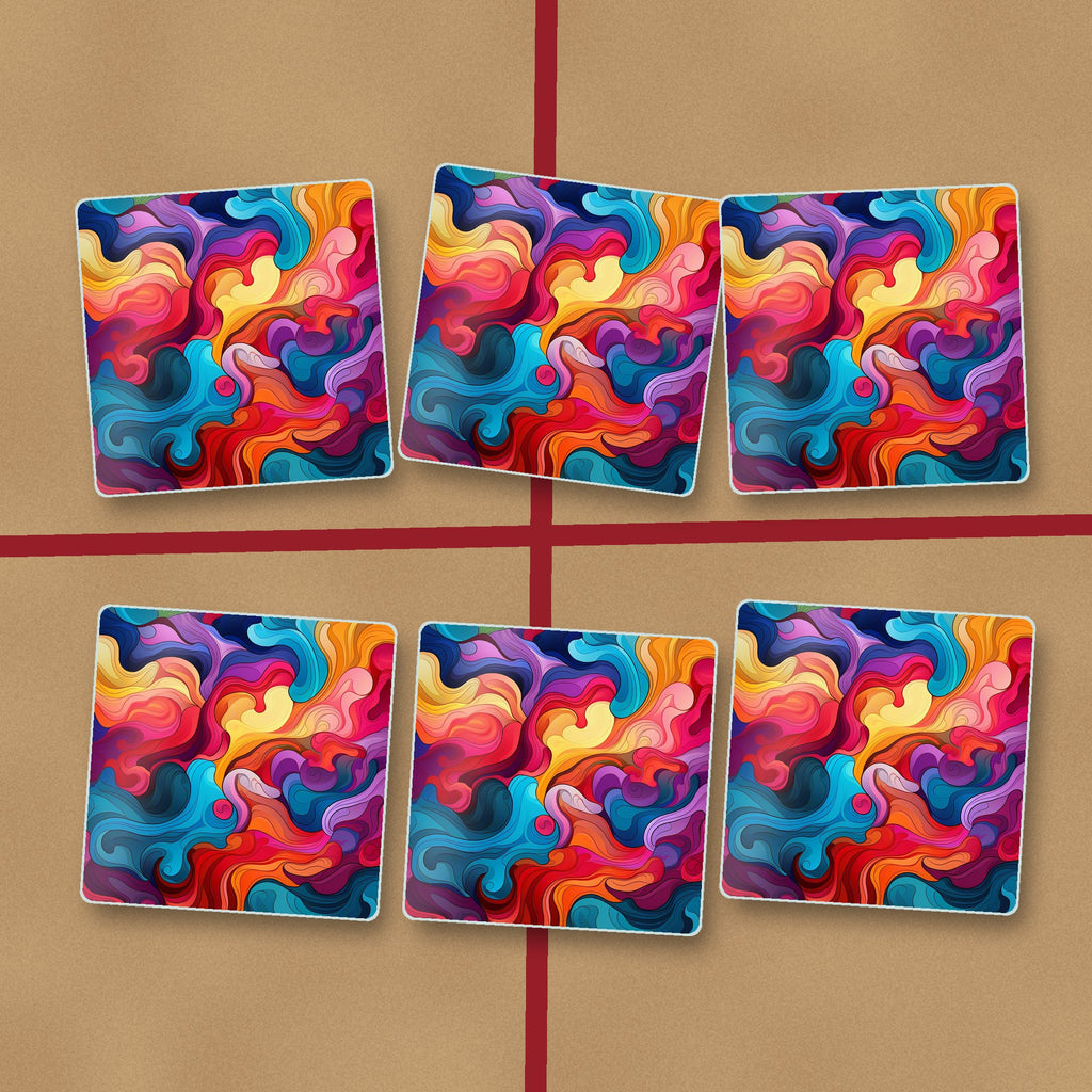 Psychedelic Colour Swirls square glass coasters on kraft gift wrap