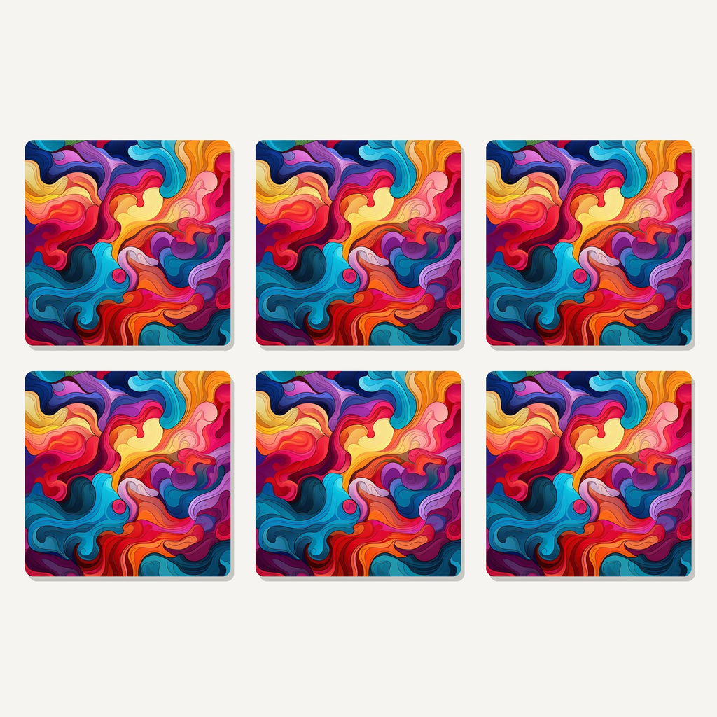 Flat lay of the psychedelic colour swirls artwork on six square coasters