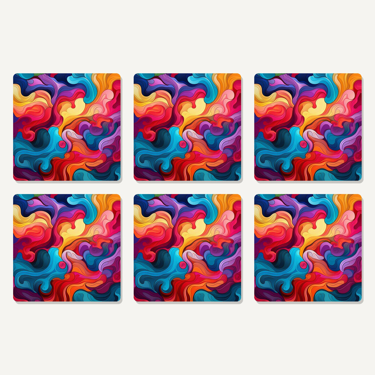 Flat lay of the psychedelic colour swirls artwork on six square coasters
