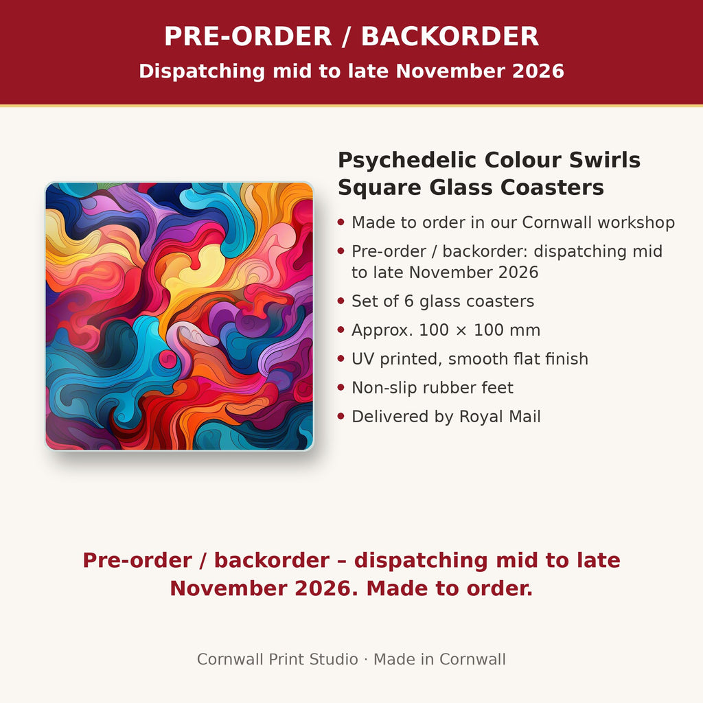 Info card: Psychedelic Colour Swirls Square Glass Coasters – Set of 6, made to order, dispatching mid to late November 2026, delivered by Royal Mail