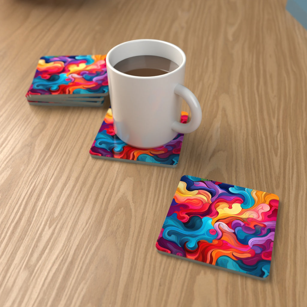 Psychedelic Colour Swirls Square Glass Coasters – Set of 6 – lifestyle mockup with a mug of coffee