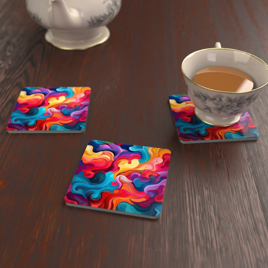 Psychedelic Colour Swirls Square Glass Coasters – Set of 6 – lifestyle mockup with a teacup