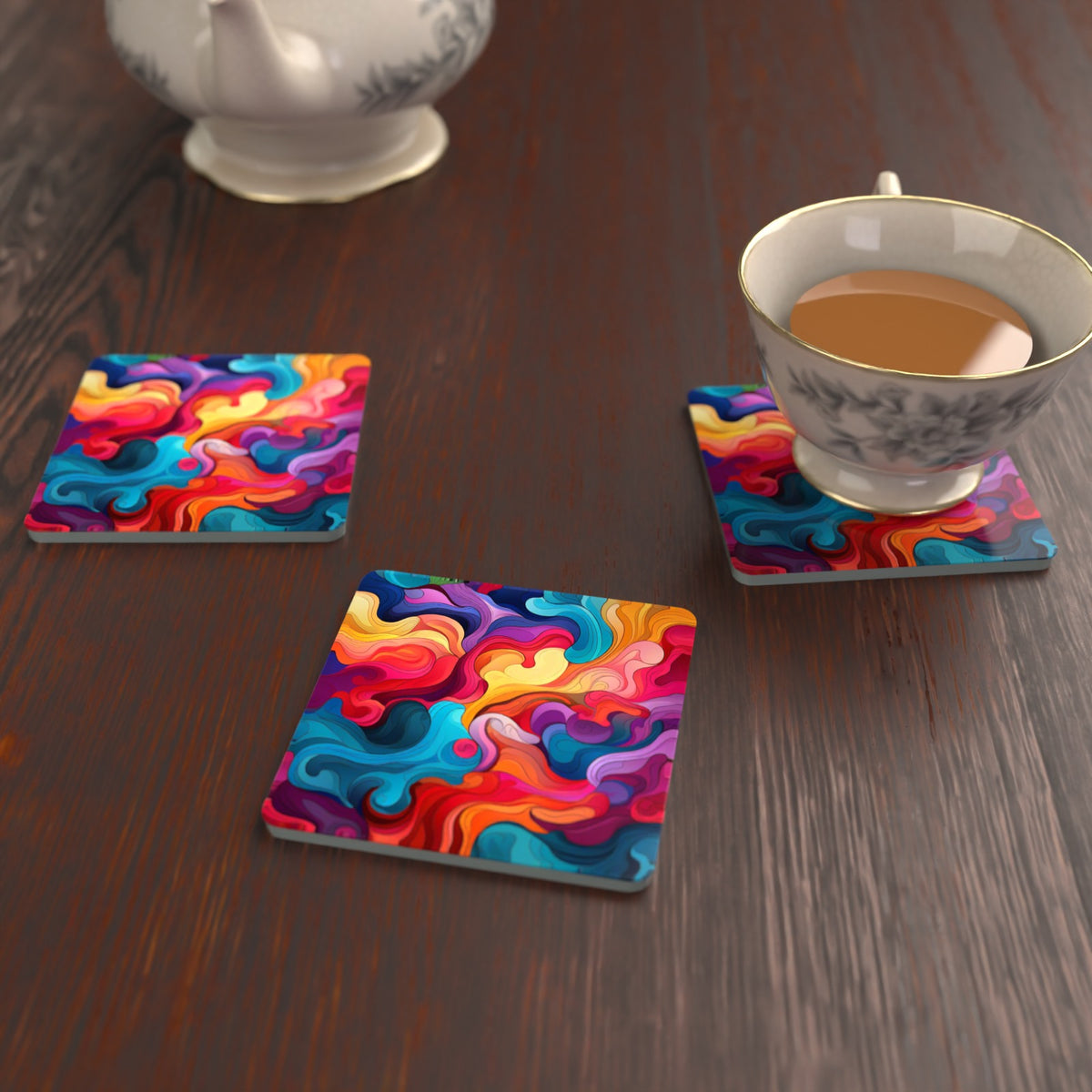 Psychedelic Colour Swirls Square Glass Coasters – Set of 6 – lifestyle mockup with a teacup