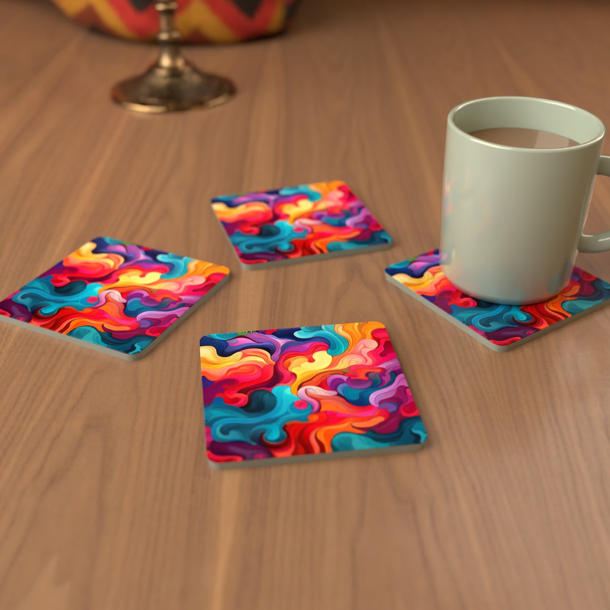 Psychedelic Colour Swirls Square Glass Coasters – Set of 6 – cosy lifestyle mockup